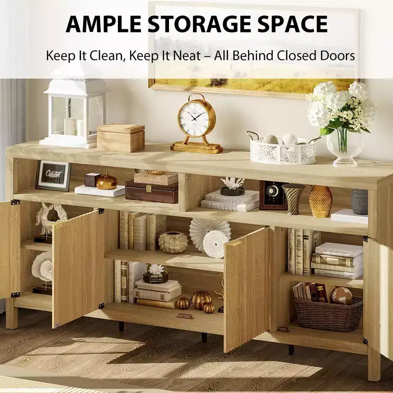 GustoWave Buffet de salle à manger 65,8 po avec porte cannelée, Armoire de rangement de cuisine moderne avec porte cannelée, Texture bois élégante