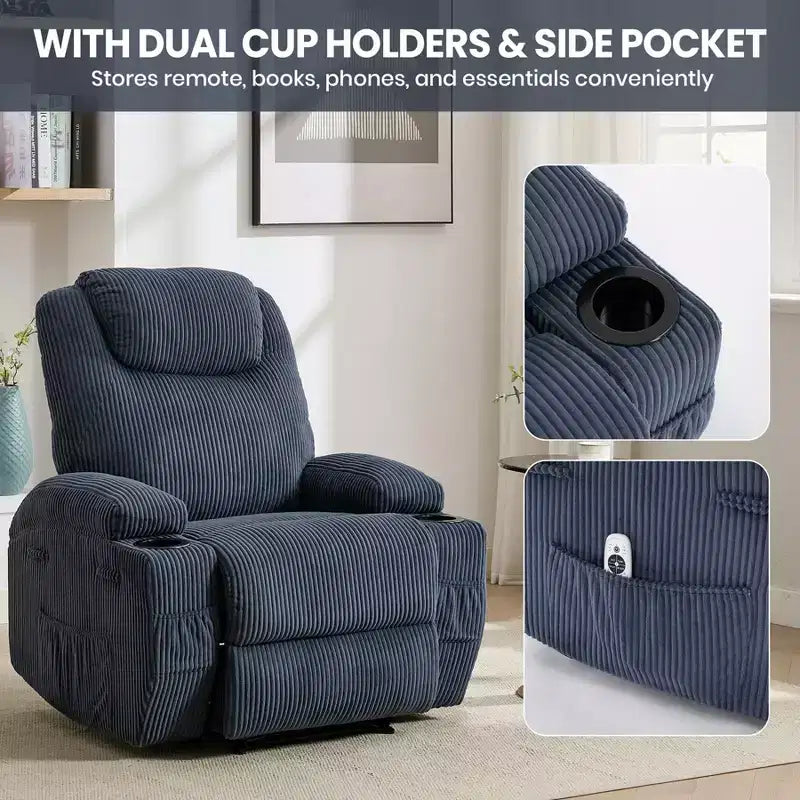 Fauteuil inclinable ultra-confortable en velours côtelé pour petits espaces, fauteuils inclinables électriques réglables mis à jour pour adultes avec 2 poches latérales