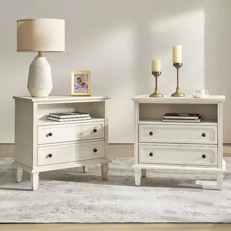 Davide 2 - Table de chevet en bois massif avec tiroir et pieds en bois massif Lot de 2|ARTFUL LIVING DESIGNS-BLANC