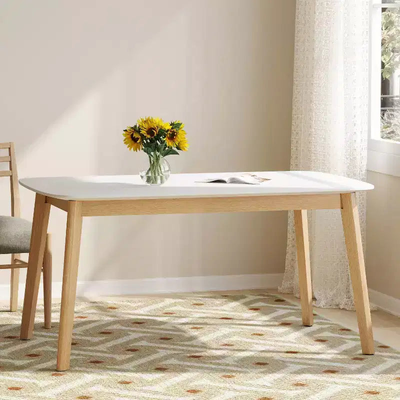 Table à manger rectangulaire minimaliste Okak 59IN, table de cuisine avec pieds en bois d'hévéa, table de dîner pour salle à manger, cuisine, chêne blanc