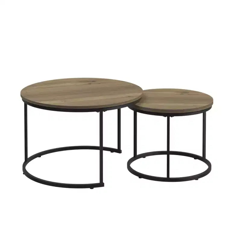 Homy Casa Lot de 2 Tables Basses Gigognes Rondes avec Plateaux en Bois et Structure en Métal, Chêne Naturel