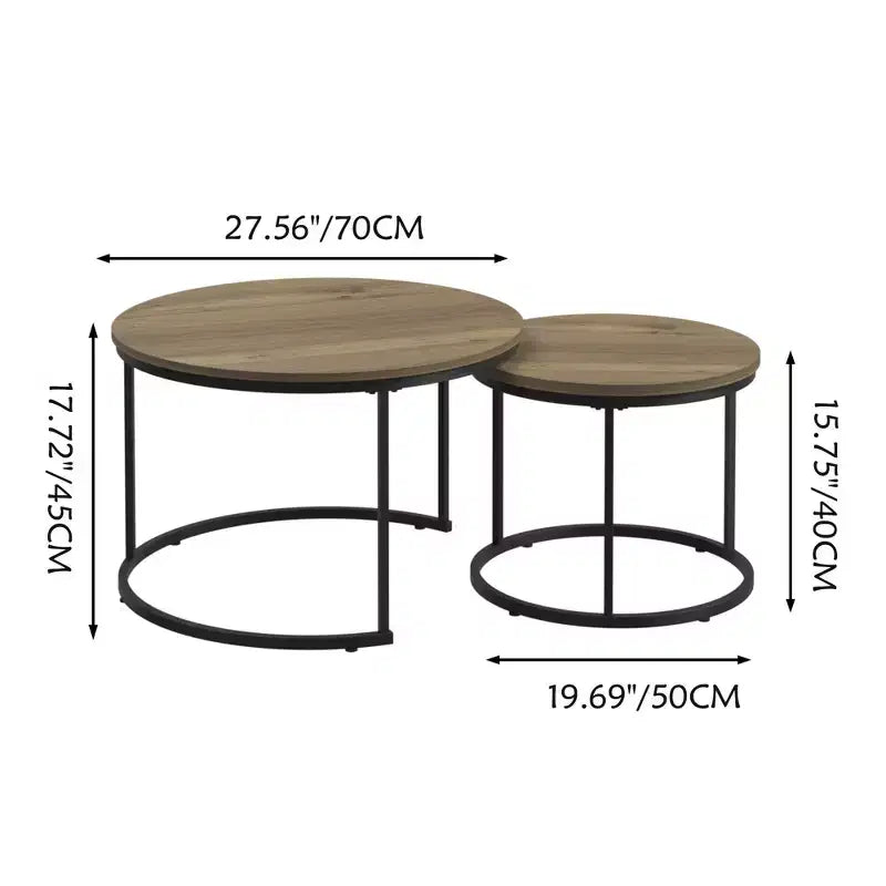 Homy Casa Lot de 2 Tables Basses Gigognes Rondes avec Plateaux en Bois et Structure en Métal, Chêne Naturel