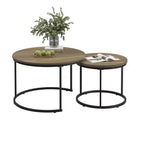 Homy Casa Lot de 2 Tables Basses Gigognes Rondes avec Plateaux en Bois et Structure en Métal, Chêne Naturel
