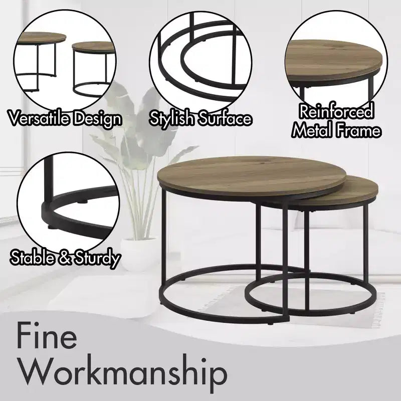 Homy Casa Lot de 2 Tables Basses Gigognes Rondes avec Plateaux en Bois et Structure en Métal, Chêne Naturel