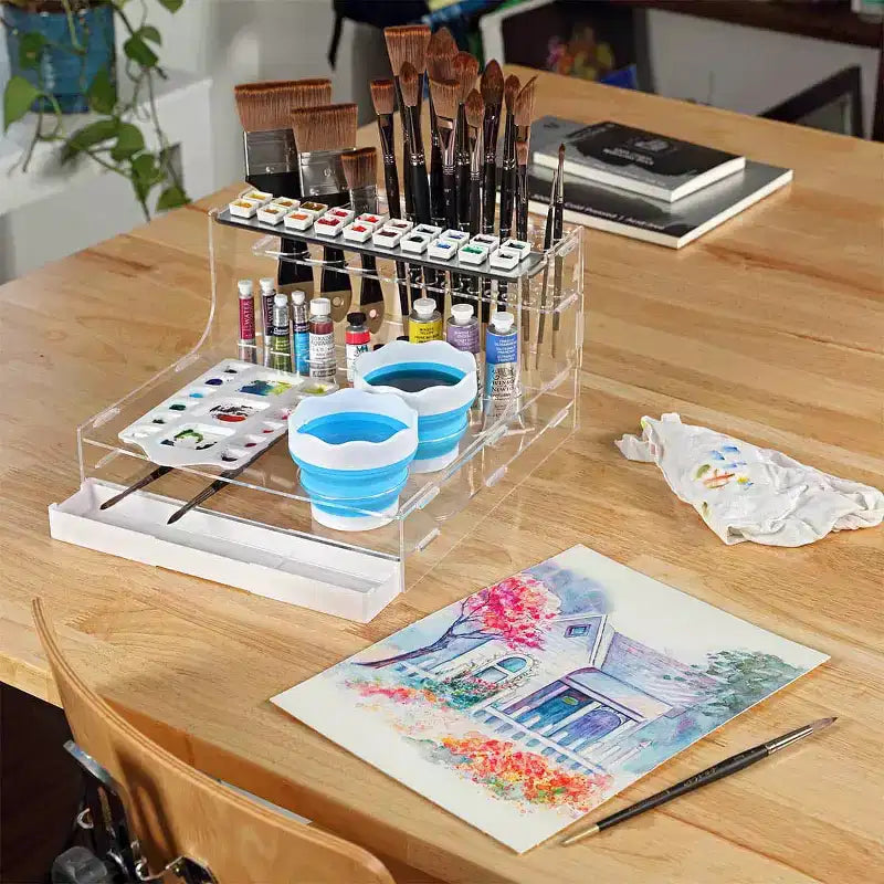 HG Art Concepts Mezzo Organiseur d'aquarelle pour studio d'artiste - Support de pinceaux d'aquarelle avec palette, égouttoir, gobelets pliables, godets magnétiques et