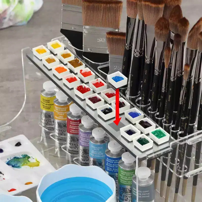 HG Art Concepts Mezzo Organiseur d'aquarelle pour studio d'artiste - Support de pinceaux d'aquarelle avec palette, égouttoir, gobelets pliables, godets magnétiques et