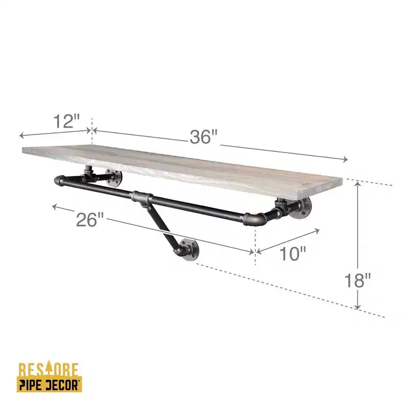 Pipe Decor Porte-vêtements mural de 91 cm avec étagère en bois, gris Riverstone