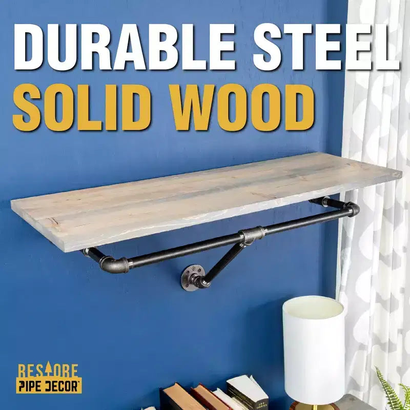 Pipe Decor Porte-vêtements mural de 91 cm avec étagère en bois, gris Riverstone