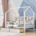 Twin Size House Bed with Trundle and Storage Shelves, Kids Montessori Bed Wood Playhouse Tent Bed Frame for Girls Boys, White