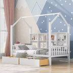 Twin Size House Bed with Trundle and Storage Shelves, Kids Montessori Bed Wood Playhouse Tent Bed Frame for Girls Boys, White
