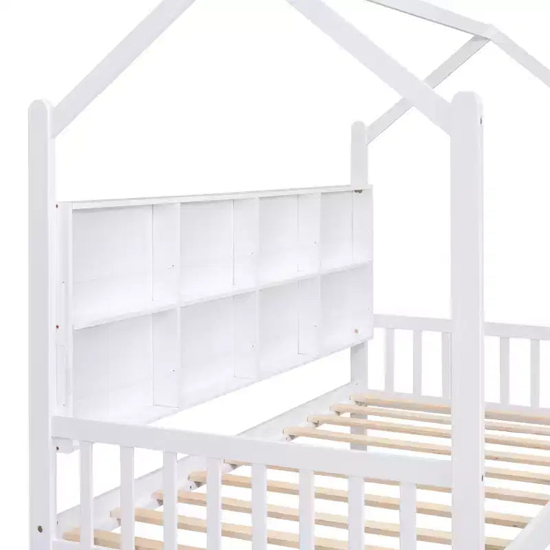 Lit cabane double avec lit gigogne et étagères de rangement, lit Montessori pour enfants en bois, cadre de lit tente de jeu pour filles et garçons, blanc