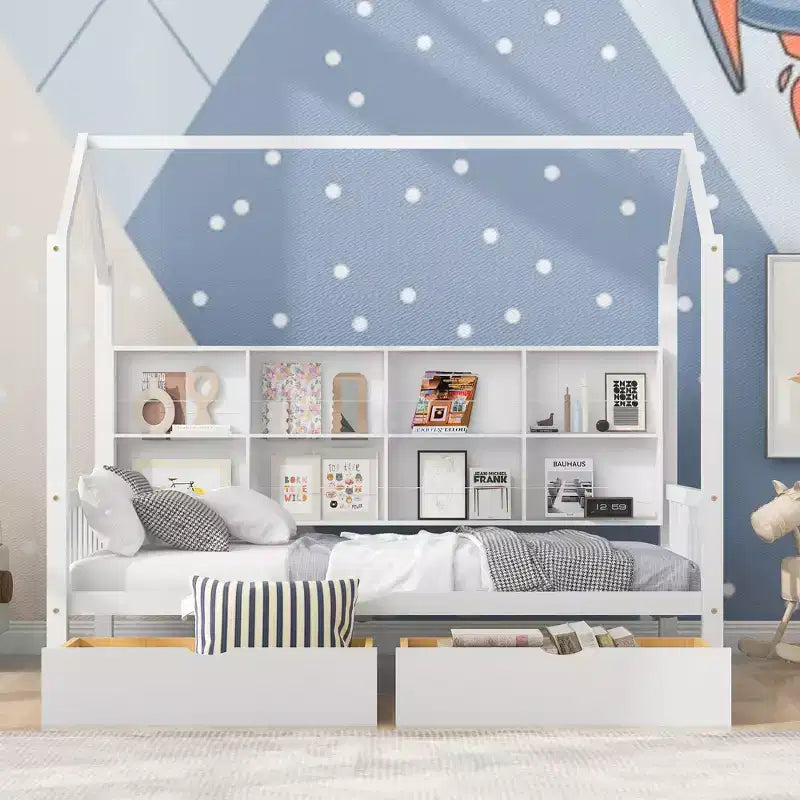 Lit cabane double avec lit gigogne et étagères de rangement, lit Montessori pour enfants en bois, cadre de lit tente de jeu pour filles et garçons, blanc