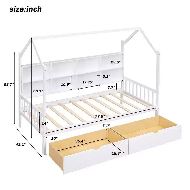 Lit cabane double avec lit gigogne et étagères de rangement, lit Montessori pour enfants en bois, cadre de lit tente de jeu pour filles et garçons, blanc