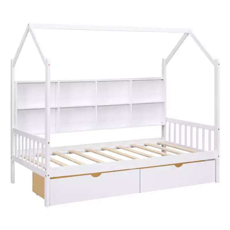 Lit cabane double avec lit gigogne et étagères de rangement, lit Montessori pour enfants en bois, cadre de lit tente de jeu pour filles et garçons, blanc