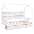 Lit cabane double avec lit gigogne et étagères de rangement, lit Montessori pour enfants en bois, cadre de lit tente de jeu pour filles et garçons, blanc