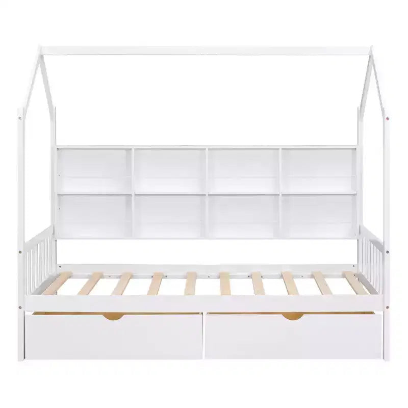 Lit cabane double avec lit gigogne et étagères de rangement, lit Montessori pour enfants en bois, cadre de lit tente de jeu pour filles et garçons, blanc
