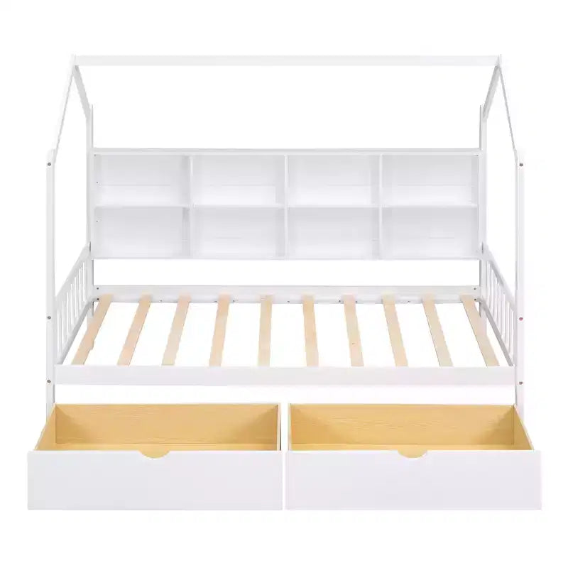 Lit cabane double avec lit gigogne et étagères de rangement, lit Montessori pour enfants en bois, cadre de lit tente de jeu pour filles et garçons, blanc
