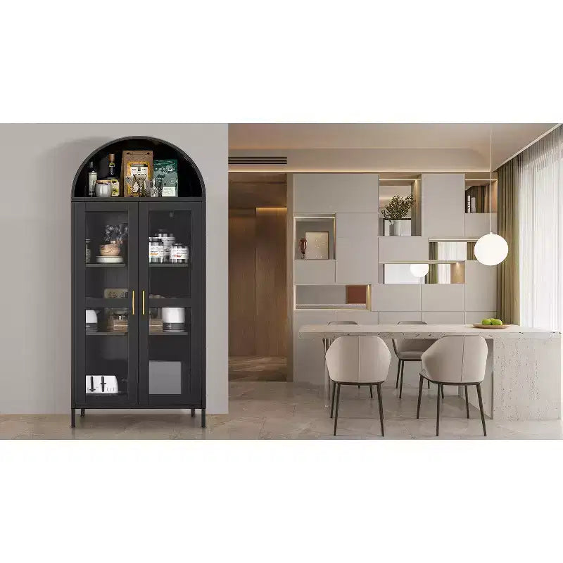 Armoire de rangement haute de 73 pouces avec porte en verre et étagères réglables, organisateur de bibliothèque pour cuisine/salle à manger/salon