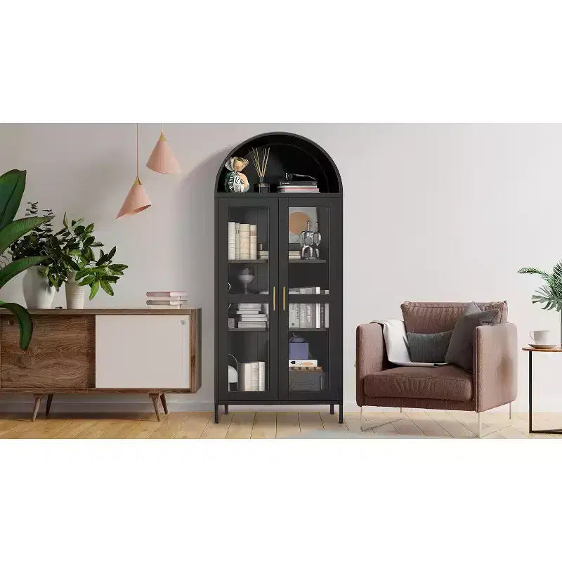 Armoire de rangement haute de 73 pouces avec porte en verre et étagères réglables, organisateur de bibliothèque pour cuisine/salle à manger/salon