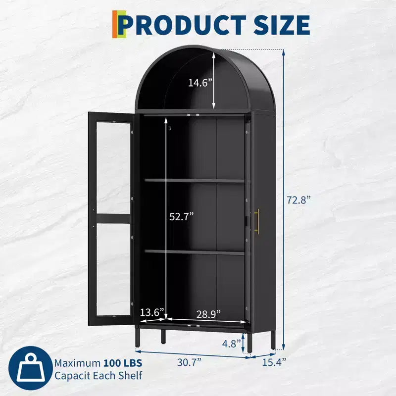 Armoire de rangement haute de 73 pouces avec porte en verre et étagères réglables, organisateur de bibliothèque pour cuisine/salle à manger/salon