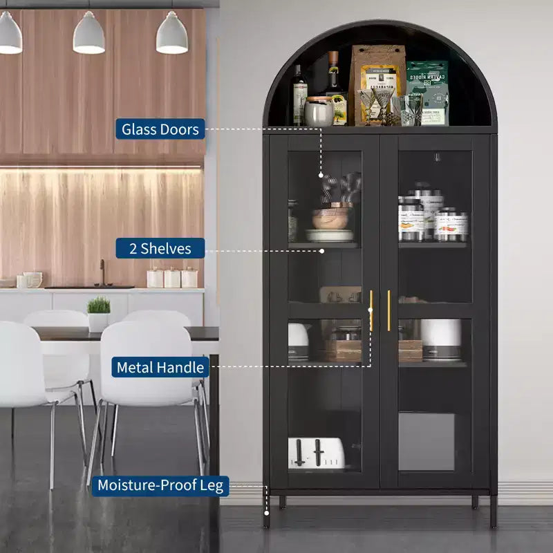 Armoire de rangement haute de 73 pouces avec porte en verre et étagères réglables, organisateur de bibliothèque pour cuisine/salle à manger/salon