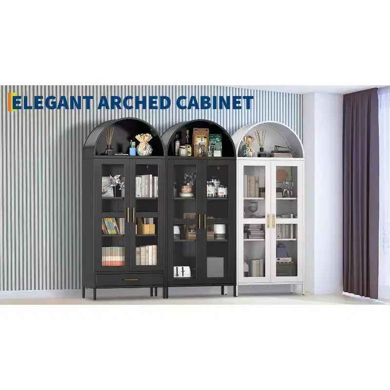 Armoire de rangement haute de 73 pouces avec porte en verre et étagères réglables, organisateur de bibliothèque pour cuisine/salle à manger/salon