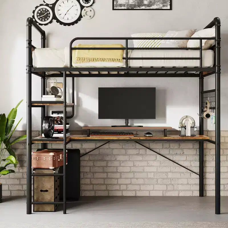 Lit superposé jumeau en mezzanine COZONY avec bureau en L, lit haut en métal avec garde-corps et échelle, poste de travail peu encombrant pour enfants, adolescents et adultes