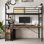 Lit superposé jumeau en mezzanine COZONY avec bureau en L, lit haut en métal avec garde-corps et échelle, poste de travail peu encombrant pour enfants, adolescents et adultes