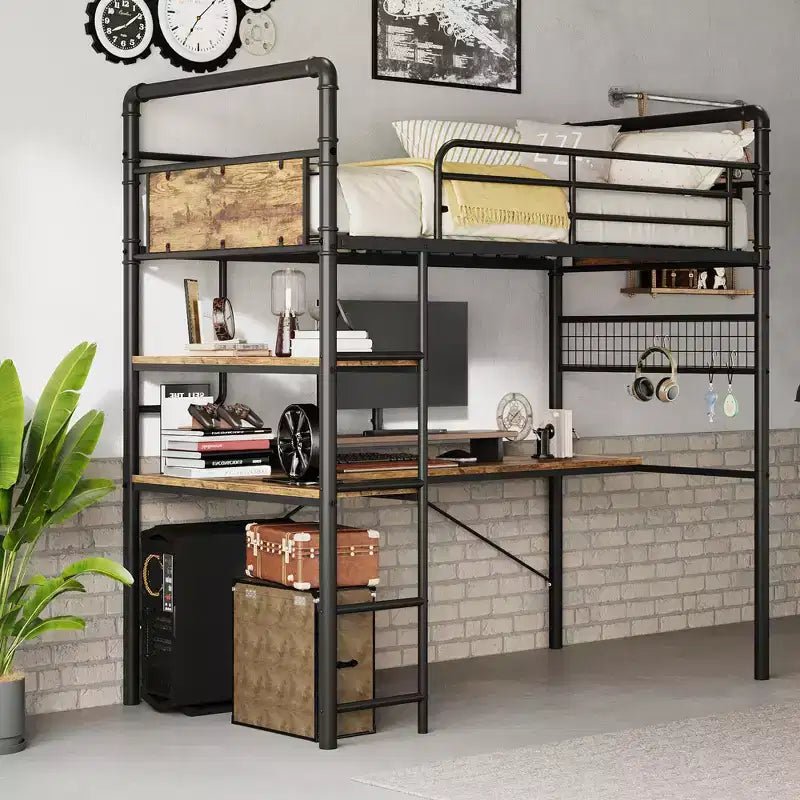 Lit superposé jumeau en mezzanine COZONY avec bureau en L, lit haut en métal avec garde-corps et échelle, poste de travail peu encombrant pour enfants, adolescents et adultes