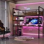 Lit superposé jumeau en mezzanine COZONY avec bureau en L, lit haut en métal avec garde-corps et échelle, poste de travail peu encombrant pour enfants, adolescents et adultes