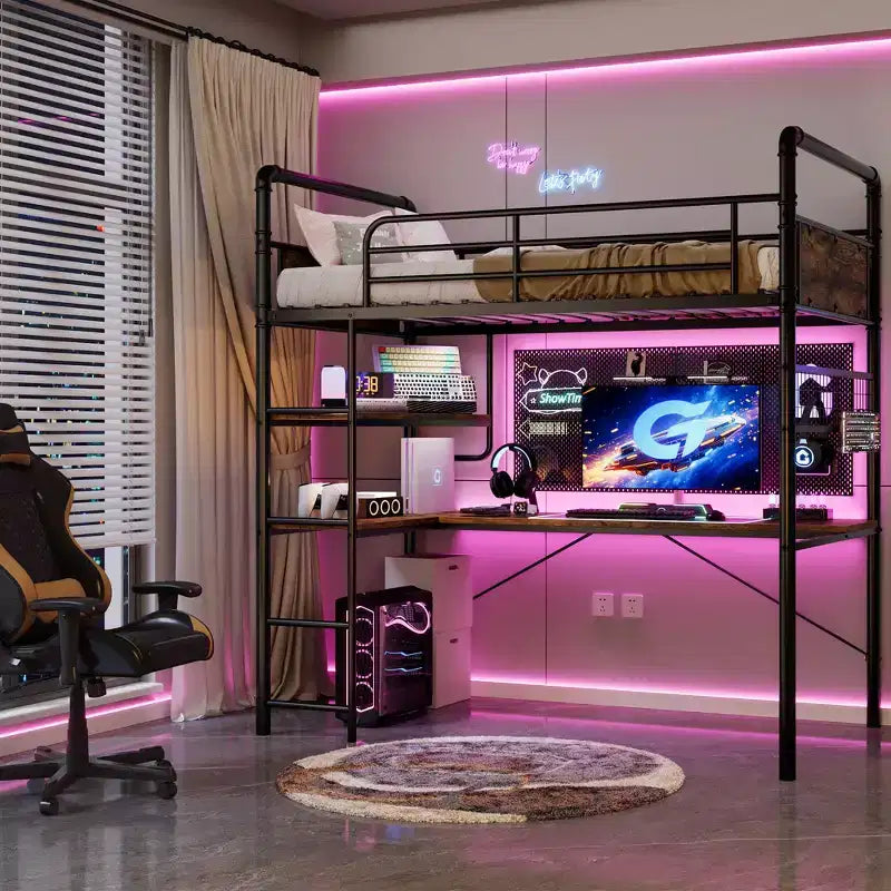 Lit superposé jumeau en mezzanine COZONY avec bureau en L, lit haut en métal avec garde-corps et échelle, poste de travail peu encombrant pour enfants, adolescents et adultes
