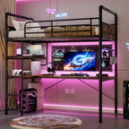 Lit superposé jumeau en mezzanine COZONY avec bureau en L, lit haut en métal avec garde-corps et échelle, poste de travail peu encombrant pour enfants, adolescents et adultes