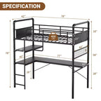 Lit superposé jumeau en mezzanine COZONY avec bureau en L, lit haut en métal avec garde-corps et échelle, poste de travail peu encombrant pour enfants, adolescents et adultes