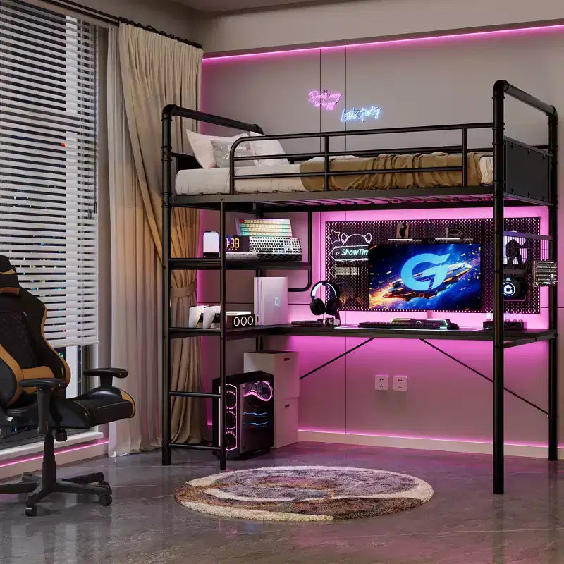 Lit superposé jumeau en mezzanine COZONY avec bureau en L, lit haut en métal avec garde-corps et échelle, poste de travail peu encombrant pour enfants, adolescents et adultes
