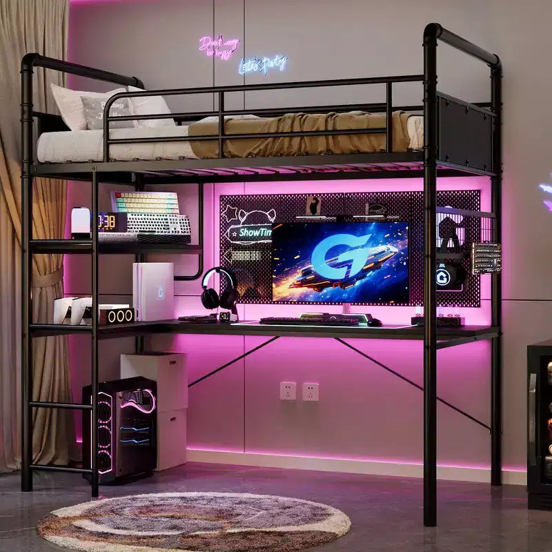 Lit superposé jumeau en mezzanine COZONY avec bureau en L, lit haut en métal avec garde-corps et échelle, poste de travail peu encombrant pour enfants, adolescents et adultes