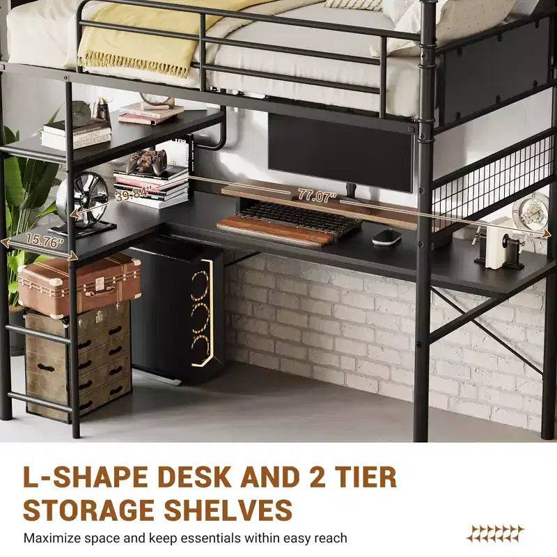 Lit superposé jumeau en mezzanine COZONY avec bureau en L, lit haut en métal avec garde-corps et échelle, poste de travail peu encombrant pour enfants, adolescents et adultes