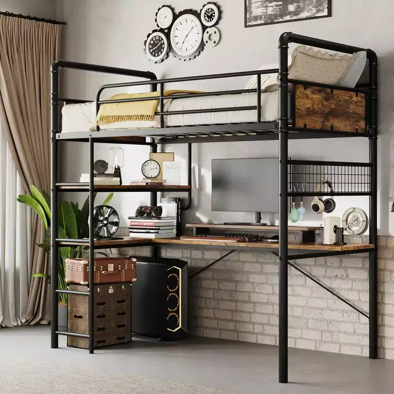 Lit superposé jumeau en mezzanine COZONY avec bureau en L, lit haut en métal avec garde-corps et échelle, poste de travail peu encombrant pour enfants, adolescents et adultes