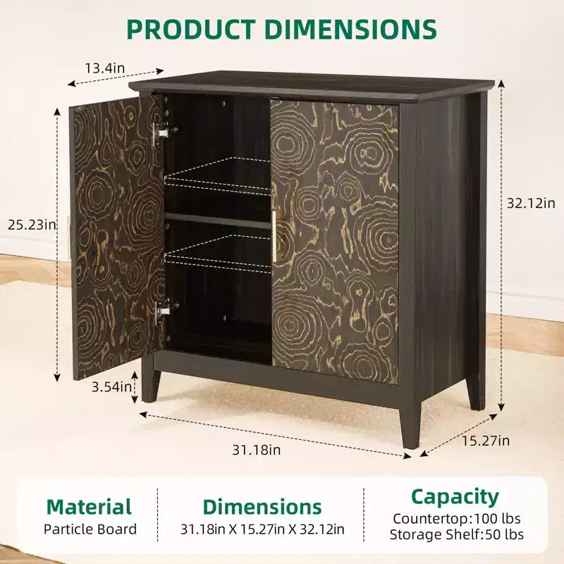 Meuble de rangement décoratif à 2 portes avec étagères réglables, buffet avec pieds en bois, meuble de rangement décoratif pour salon, motif en anneaux d'arbre sculptés
