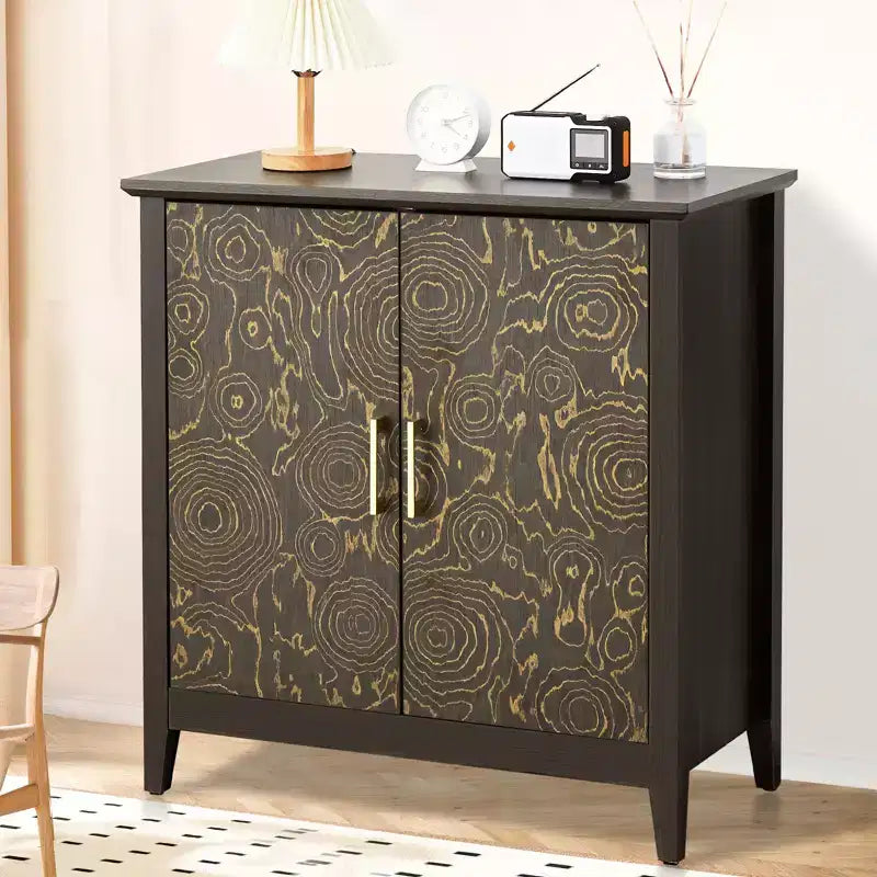 Meuble de rangement décoratif à 2 portes avec étagères réglables, buffet avec pieds en bois, meuble de rangement décoratif pour salon, motif en anneaux d'arbre sculptés