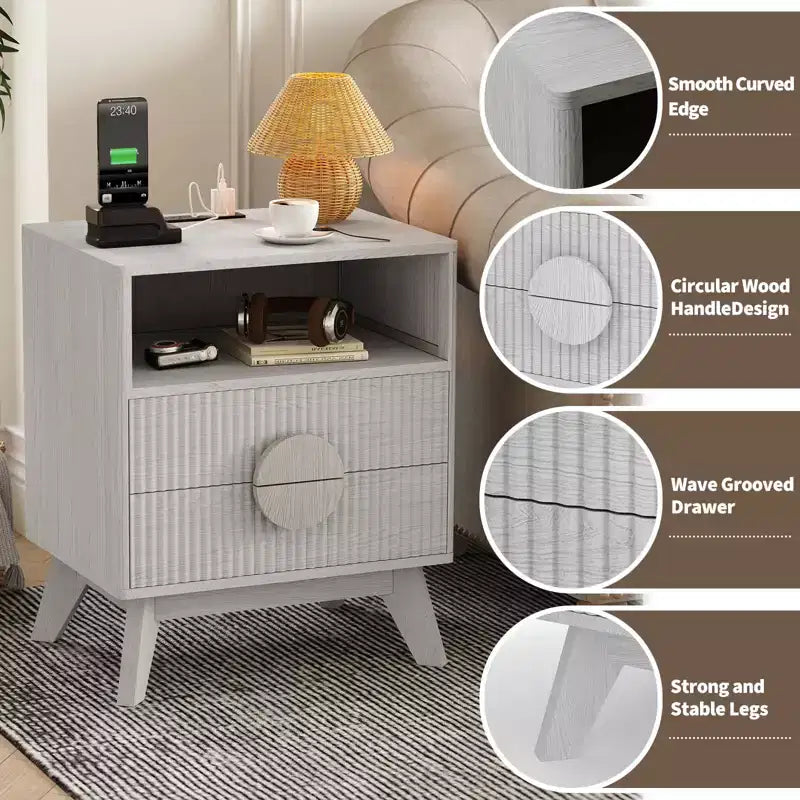 GustoWave Table de Chevet Fermière Cannelée, Lot de 1 ou 2, Tables de Nuit Hautes en Bois, Table d'Appoint avec 2 Tiroirs, Étagère Ouverte et Pieds