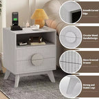 GustoWave Table de Chevet Fermière Cannelée, Lot de 1 ou 2, Tables de Nuit Hautes en Bois, Table d'Appoint avec 2 Tiroirs, Étagère Ouverte et Pieds