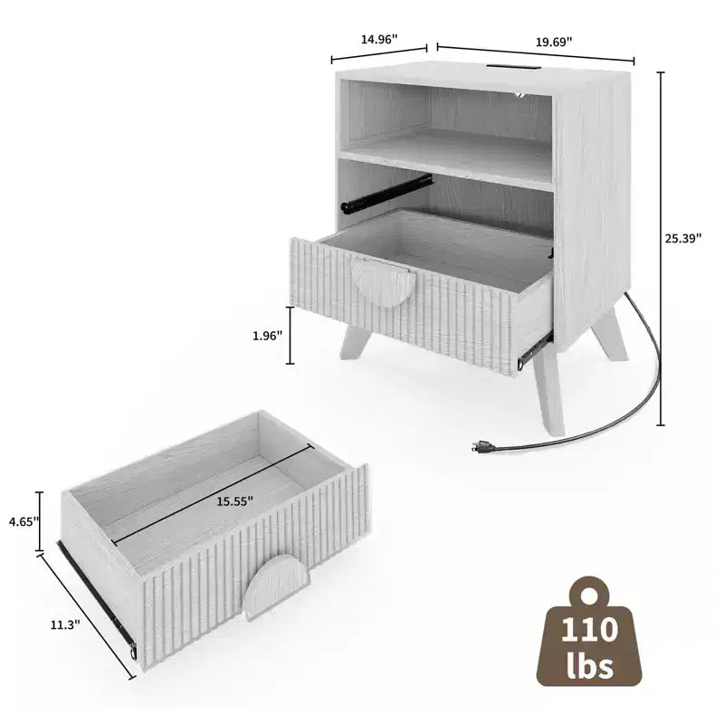 GustoWave Table de Chevet Fermière Cannelée, Lot de 1 ou 2, Tables de Nuit Hautes en Bois, Table d'Appoint avec 2 Tiroirs, Étagère Ouverte et Pieds