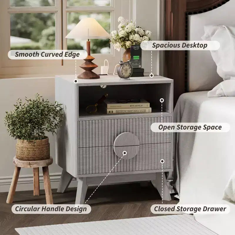 GustoWave Table de Chevet Fermière Cannelée, Lot de 1 ou 2, Tables de Nuit Hautes en Bois, Table d'Appoint avec 2 Tiroirs, Étagère Ouverte et Pieds
