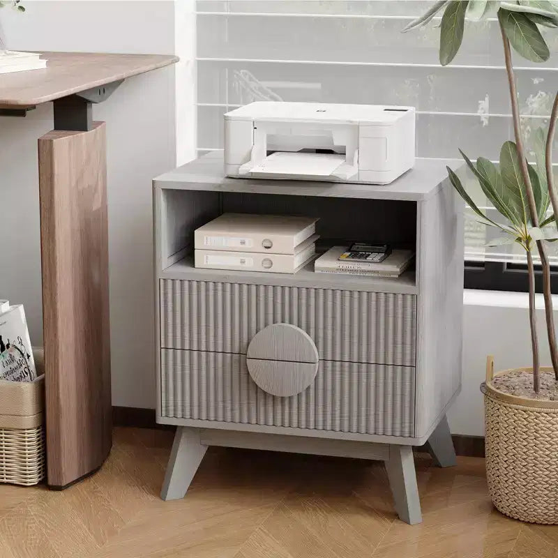 GustoWave Table de Chevet Fermière Cannelée, Lot de 1 ou 2, Tables de Nuit Hautes en Bois, Table d'Appoint avec 2 Tiroirs, Étagère Ouverte et Pieds