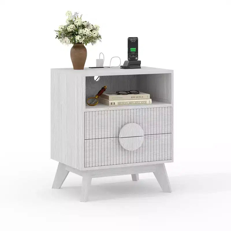 GustoWave Farmhouse Fluted NightStand Set of 1/2, Wood Tall Nightstands, End Table with 2 Drawers & Open Shelf & Feet
