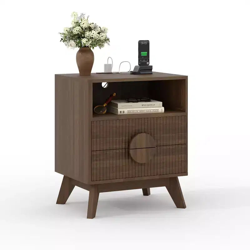 GustoWave Table de Chevet Fermière Cannelée, Lot de 1 ou 2, Tables de Nuit Hautes en Bois, Table d'Appoint avec 2 Tiroirs, Étagère Ouverte et Pieds