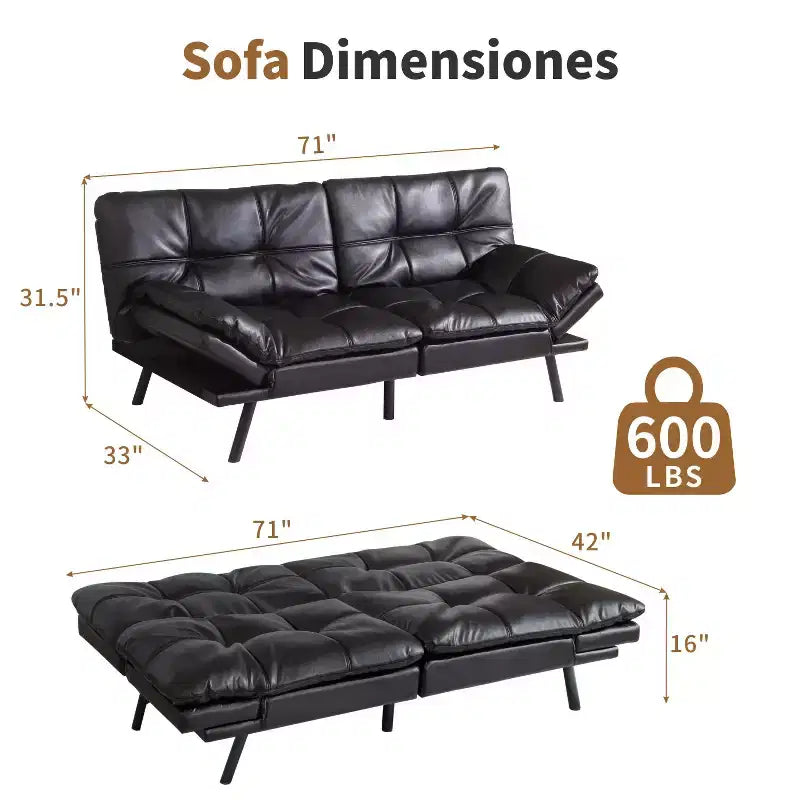 Canapé-lit futon convertible en similicuir Dyonery 71 avec dossier et accoudoirs réglables, canapé-lit confortable pour les petits espaces