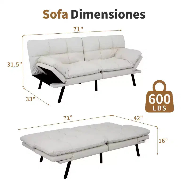 Canapé-lit futon convertible en similicuir Dyonery 71 avec dossier et accoudoirs réglables, canapé-lit confortable pour les petits espaces
