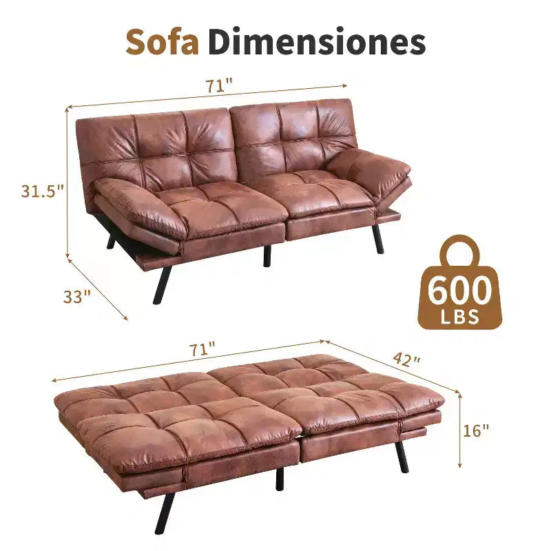 Canapé-lit futon convertible en similicuir Dyonery 71 avec dossier et accoudoirs réglables, canapé-lit confortable pour les petits espaces