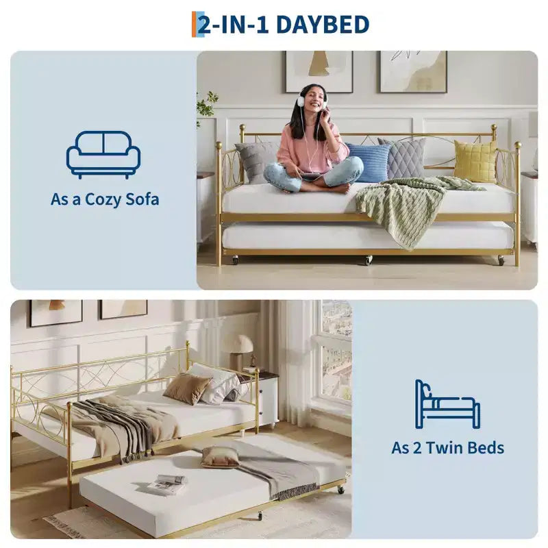 Lit de repos gigogne - Lit de repos jumeau avec gigogne, cadre de canapé en métal avec support de lattes en acier - Lit de repos multifonctionnel pour chambre à coucher, chambre d'amis